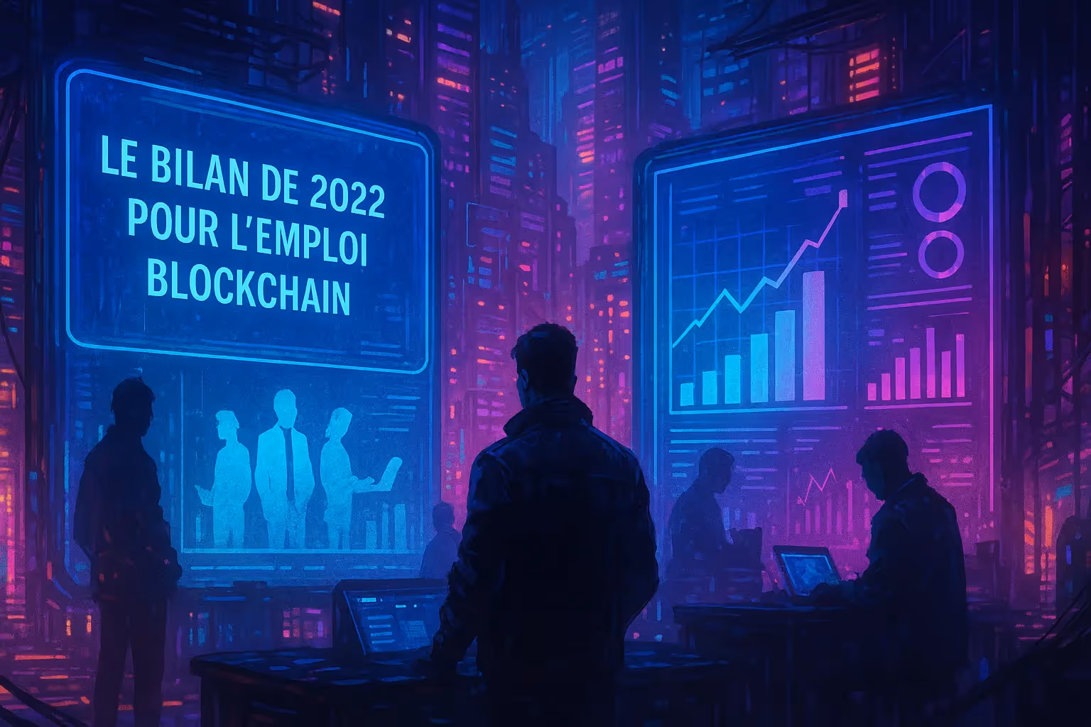 Illustration cyberpunk d’un bilan de l’emploi blockchain en 2022 avec graphiques holographiques futuristes