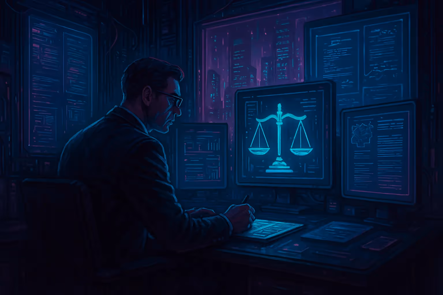 Avocat fiscaliste cyberpunk devant des écrans futuristes